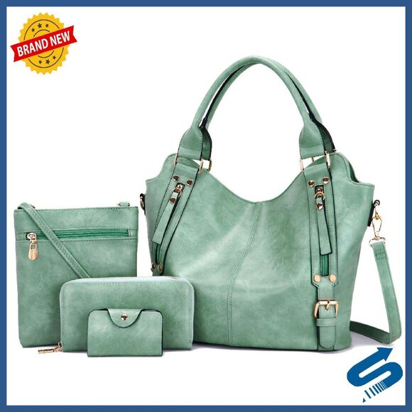Handbags - Large Vegan Leather Hobo Bag Set with 8 Pockets & Adjustable Strap